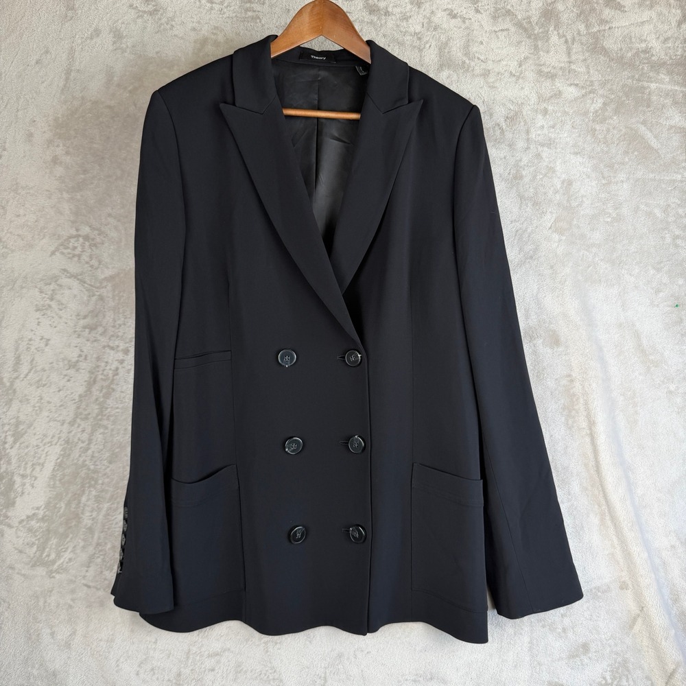 Theory Black Double Breasted Jacket 2.0 Capitol Crepe Blazer Size 12